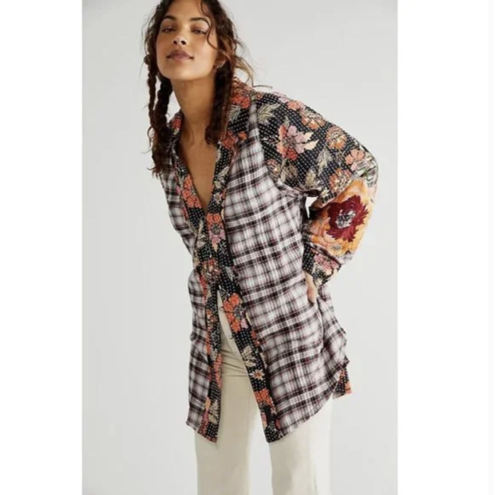 Free People Black & White Plaid Button-Down with Floral Patchwork